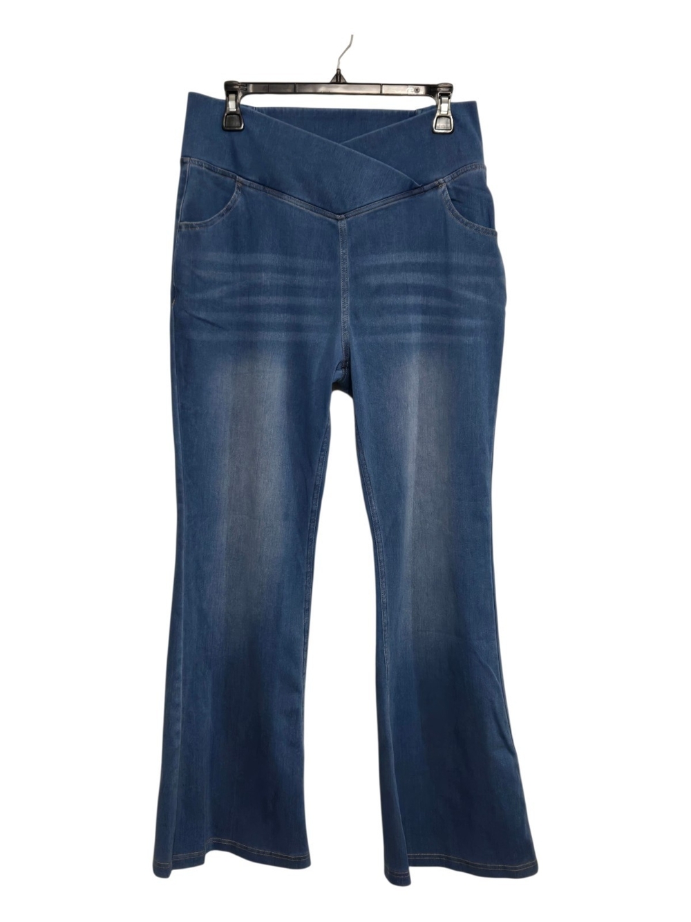 High-Rise Blue Flare Jeans with Crossover Waistband
